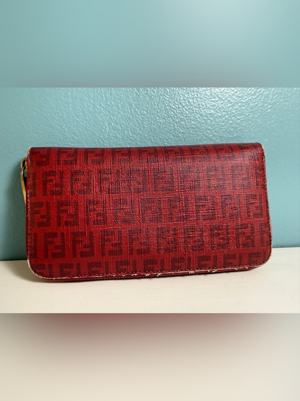 Authentic Vintage Fendi Zucchino Monogram Zip-Around Long Wallet Red